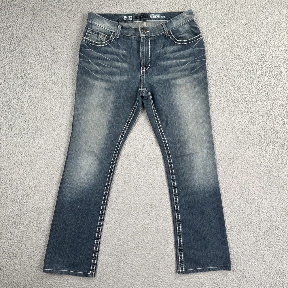 INC International Concepts Slim Bootcut Jeans Men 36x32 Blue Cowboy Thick Stitch